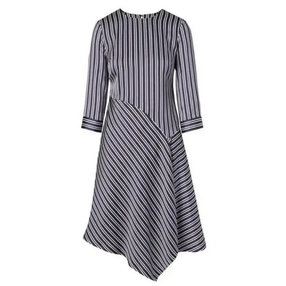 Banana‎ Republic Asymmetrical Blue Striped Satin Dress - Size 8